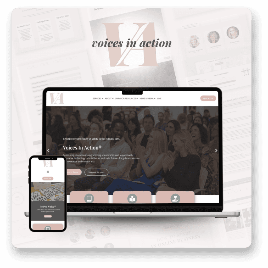 Voices in Action A nonprofit website designed with inclusivity and empowerment in mind. The homepage features a full-width image of a diverse audience clapping and smiling, reflecting community engagement. The Voices in Action logo sits at the top with elegant serif typography in a soft rose color, combined with the words "voices in action" in modern script. The navigation bar is clean and organized, with clearly labeled sections for advocacy, programming, and support services. Below, there are three rounded buttons with icons labeled "Safety," "Programming," and "Holistic Support," set against a warm beige background. The color palette consists of soft pink, beige, and muted gray tones, creating a feeling of warmth and security. The mobile version retains all key elements, ensuring accessibility. Designed by Welby Creative: Soft color gradients, structured but inviting layout, clear CTAs (calls to action), and warm, inclusive imagery.