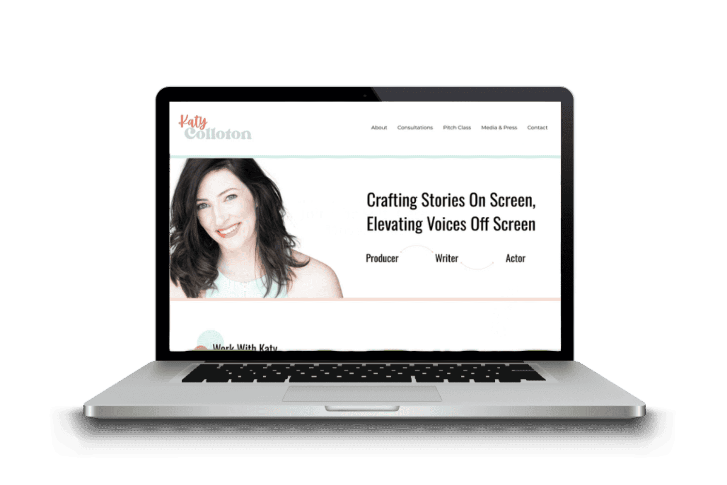 Laptop displaying website for a writer and producer.