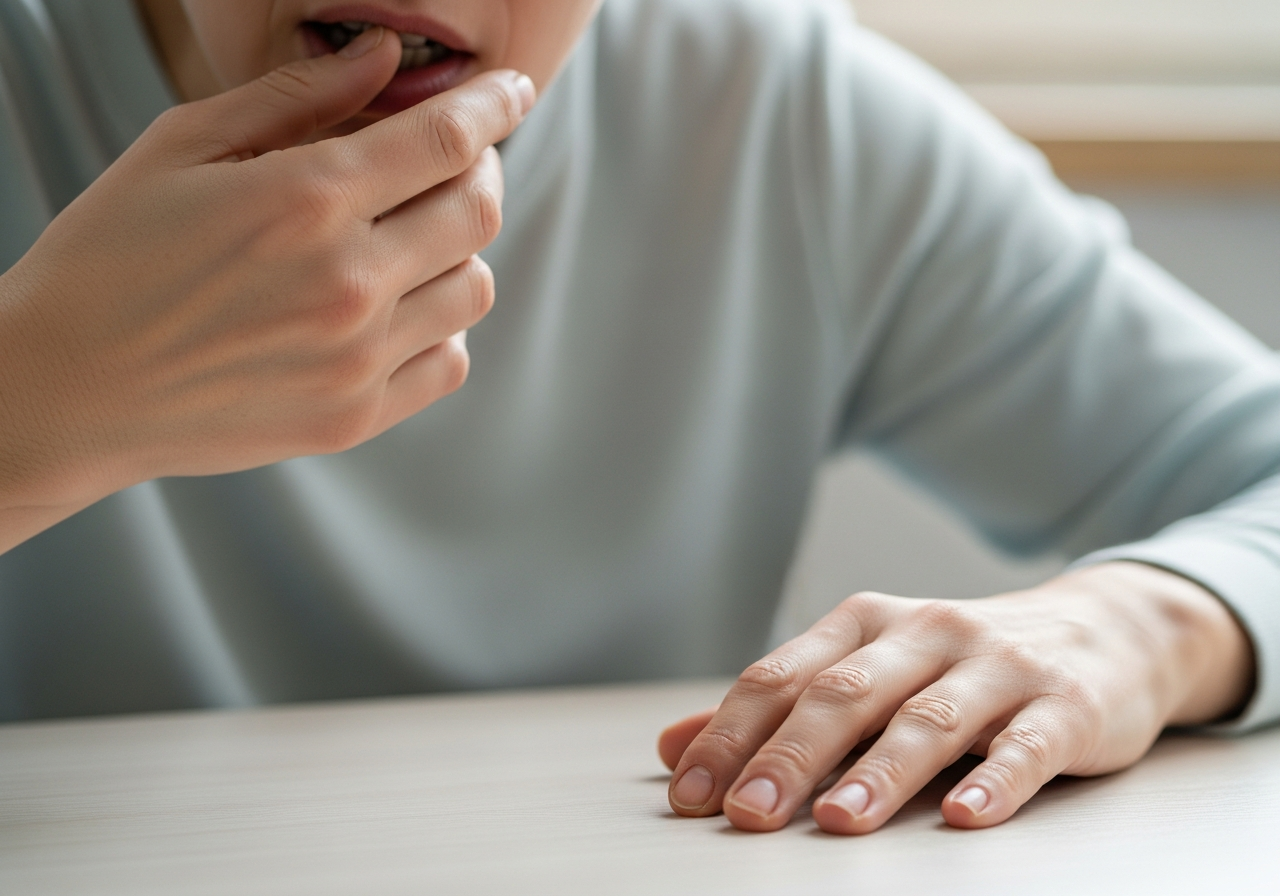Close-up of a person bringing their fingers towards their mouth