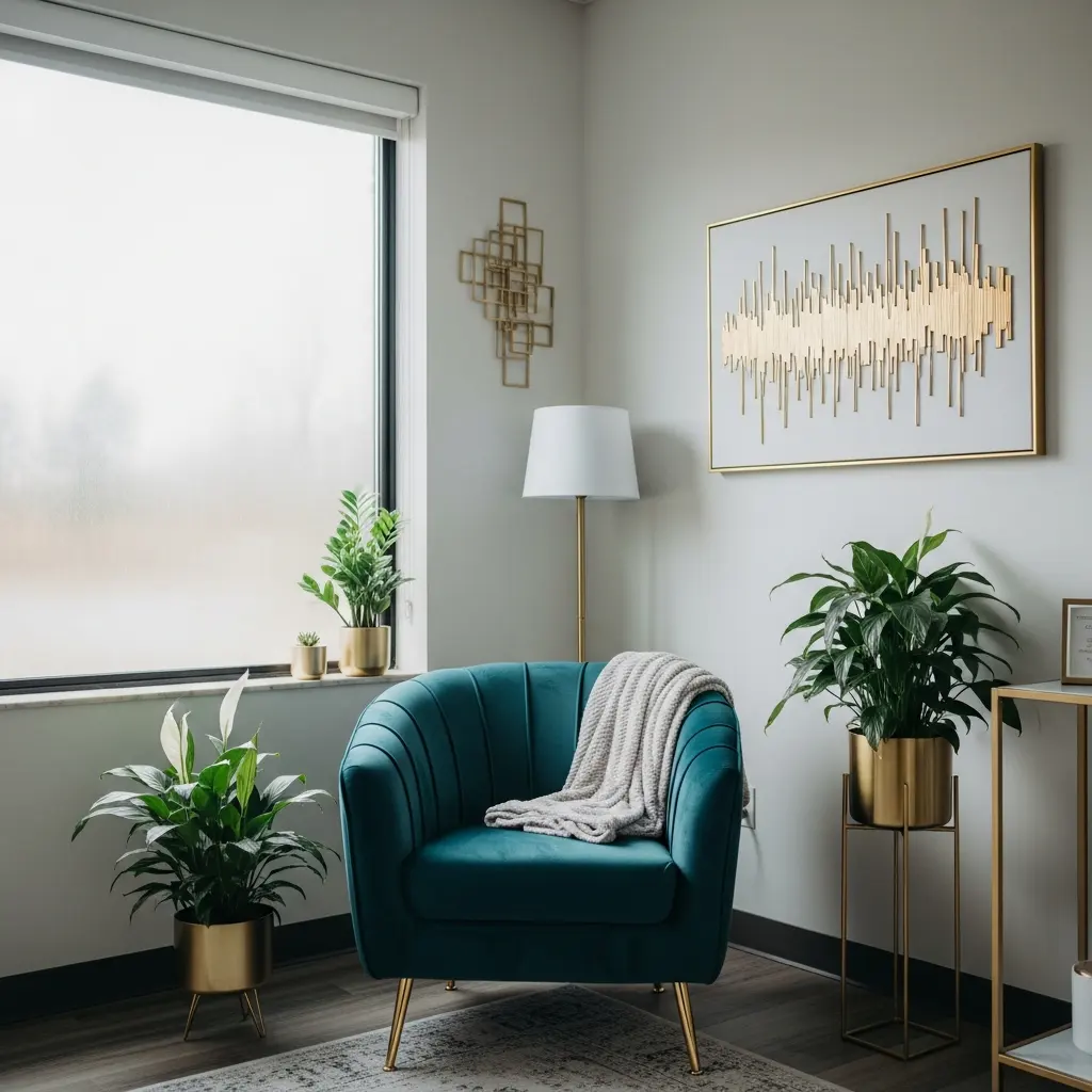 A calm therapy room with a comfortable chair