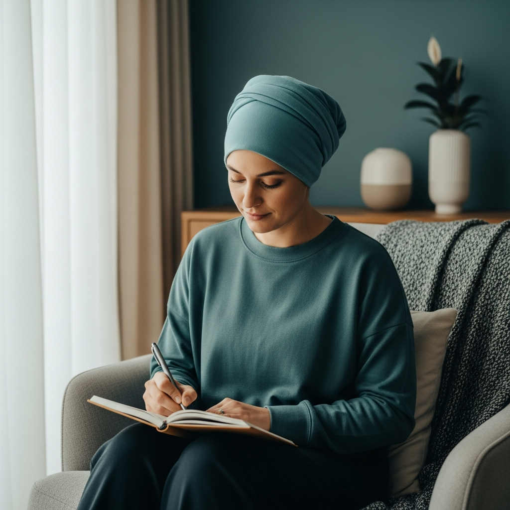 A person reflecting and writing in a notebook