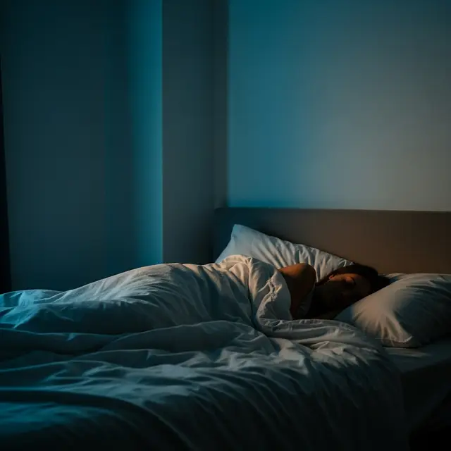 A person lying awake in a darkened bedroom