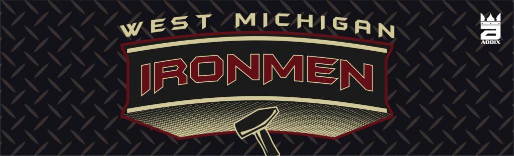 West Michigan Ironmen team logo on textured background.