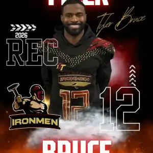 Tyler Bruce, West Michigan Ironmen football player, smiling in team gear.