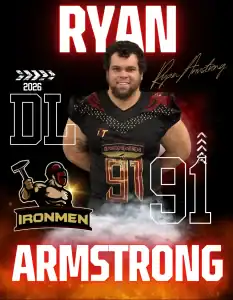 Ryan Armstrong, West Michigan Ironmen football player, wearing jersey number 91, smiling confidently.