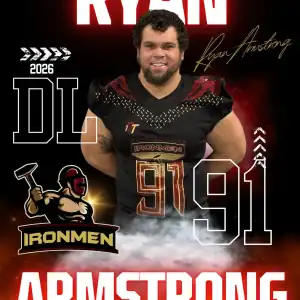 Ryan Armstrong, West Michigan Ironmen football player, wearing jersey number 91, smiling confidently.