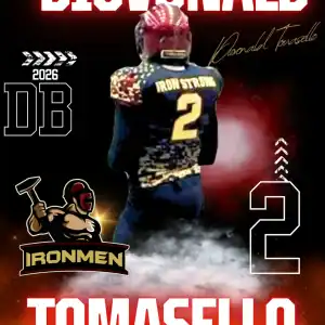 Player Diovonald Tomasello in West Michigan Ironmen football uniform with helmet, jersey number 2, a.
