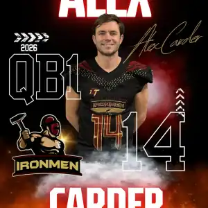 Alex Carder, West Michigan Ironmen quarterback, smiling in football uniform.