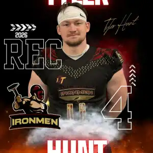Tyler Hunt, West Michigan Ironmen football player, in uniform with team logo.