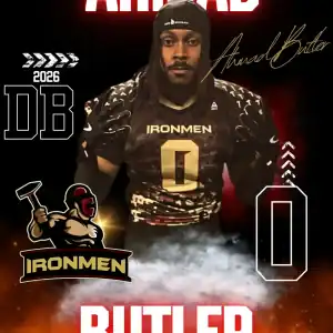 Player Ahmad Butler in his West Michigan Ironmen football uniform, showcasing his athletic prowess a.
