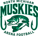 Logo of North Michigan Muskies football team featuring a fish and hooks.