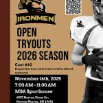 West Michigan Ironmen open tryouts for 2026 season, football gear, and team logo.