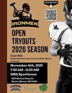 West Michigan Ironmen open tryouts for 2026 season, football gear, and team logo.