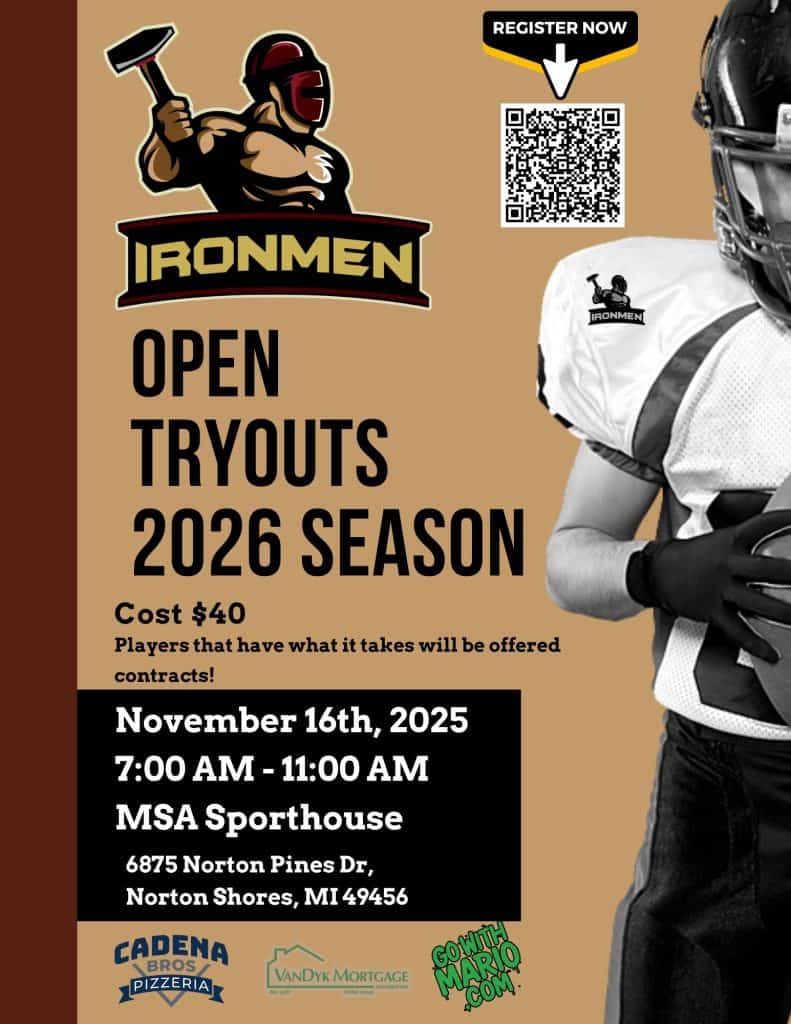 West Michigan Ironmen open tryouts for 2026 season, football gear, and team logo.