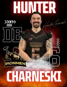 Hunter Charneski, West Michigan Ironmen football player in uniform.