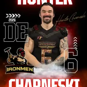 Hunter Charneski, West Michigan Ironmen football player in uniform.