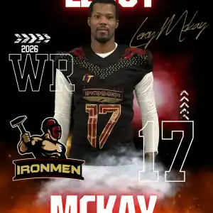 Leroy Mckay, West Michigan Ironmen football player, wearing jersey number 17, standing confidently w.