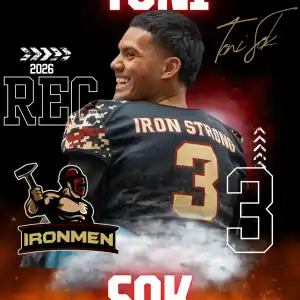 Toni Sok in Ironmen football uniform, smiling, with team logo and name.