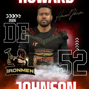 Howard Johnson, West Michigan Ironmen football player, wearing jersey number 52, standing confidentl.