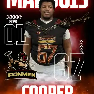 Marquis Cooper, Ironmen football player, wearing jersey number 62, representing West Michigan Ironme.