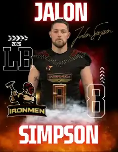 Jalon Simpson, West Michigan Ironmen football player, in uniform with team branding and dynamic back.