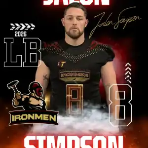 Jalon Simpson, West Michigan Ironmen football player, in uniform with team branding and dynamic back.
