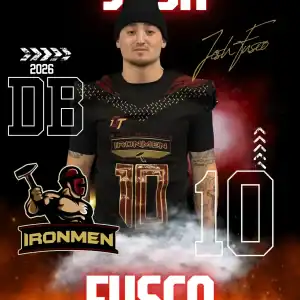 Josh Fusco in Ironmen football uniform with team logo and signature.