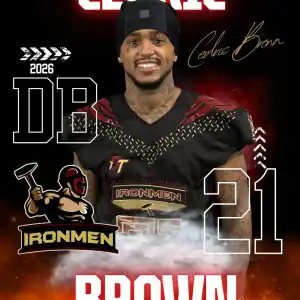 Cedric Brown, West Michigan Ironmen football player, wearing jersey and cap.