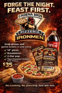 West Michigan Ironmen pizza offer for Forge the Night event with Cadena Brothers Pizza.