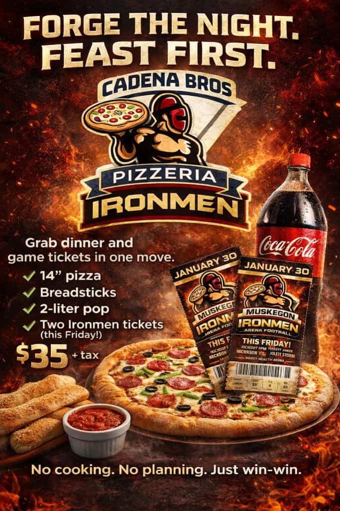 West Michigan Ironmen pizza offer for Forge the Night event with Cadena Brothers Pizza.