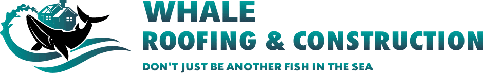 Logo for Whale Roofing & Construction featuring a whale silhouette, waves, and cityscape, with the tagline "Don't just be another fish in the sea.