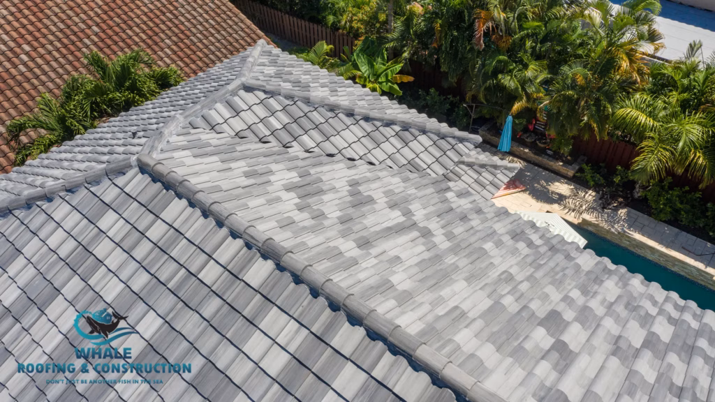 Aerial view of a gray tiled roof on a house surrounded by palm trees in Boca Raton, with a backyard pool partially visible. Whale Roofing & Construction, your trusted Boca Raton roofing company, logo in the lower left corner.