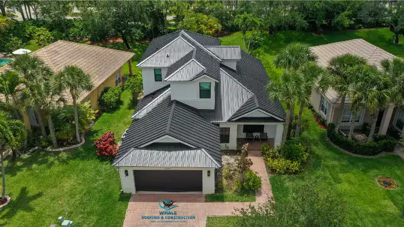 Aerial view of a modern two-story house with a dark metal roof, attached garage, front yard, and surrounding greenery.