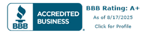 BBB Accredited Business badge with an A+ rating, dated as of 8/17/2025, and a prompt to click for profile.