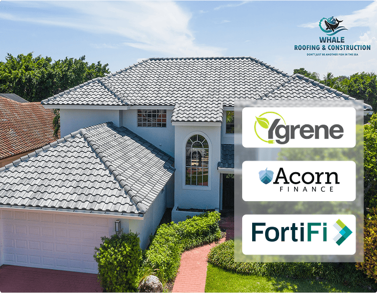 A two-story house with a tiled roof under a blue sky, featuring logos for Ygrene, Acorn Finance, and FortiFi, along with Whale Roofing & Construction branding.