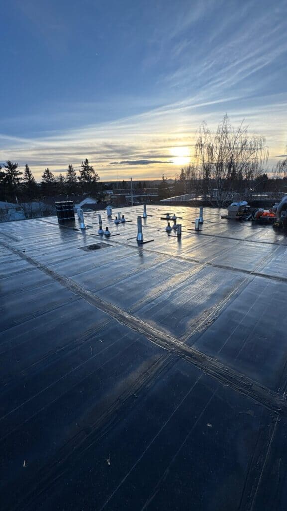 A flat roof in Calgary with the sun rising about to be re-roofed by whalley's four seasons roofing.