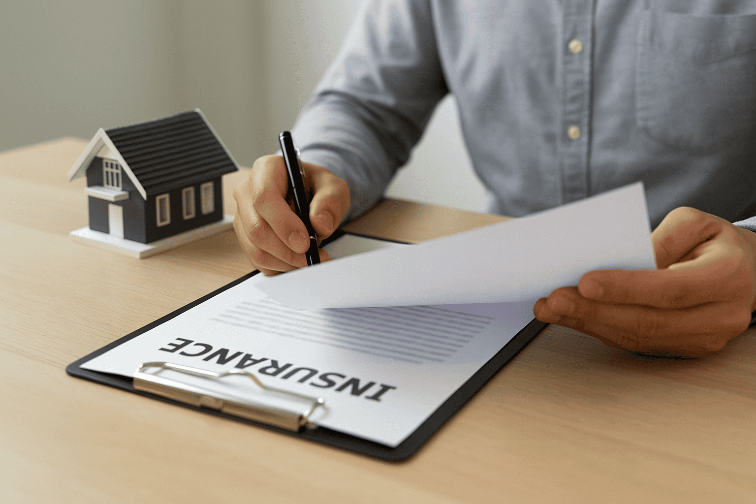 Homeowner reviewing roof insurance documents at a desk with house model, preparing hail damage claim in Calgary