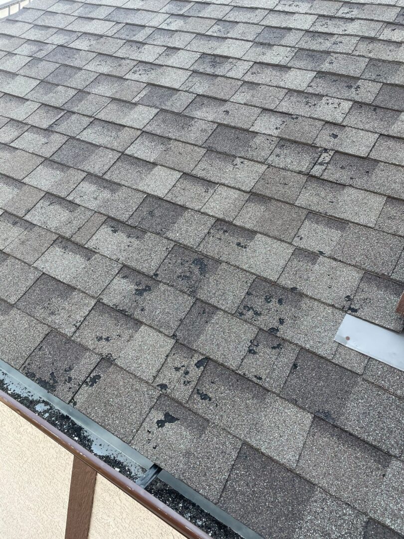 Severe hail damage on asphalt shingle roof in Calgary showing granule loss and impact marks near gutter