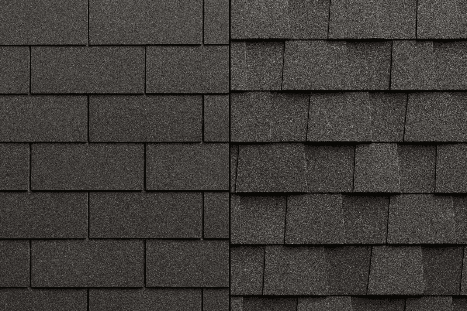 Side-by-side comparison of two asphalt shingle types: 3-tab shingles on the left with a flat, uniform appearance, and architectural shingles on the right with a thicker, layered texture. Generated image used to neutrally illustrate visual differences.