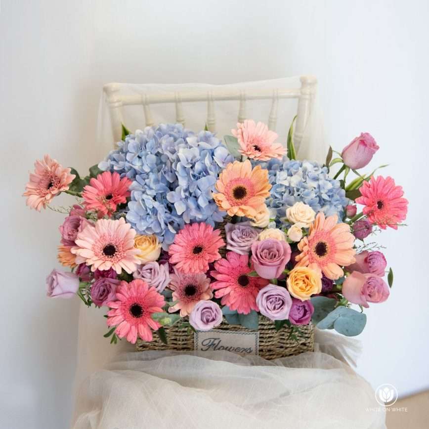 Get Well Soon flowers- Flowers and Fruit Basket delivery- Rainbow Garden basket for Grand Opening, Retirement & Birthday