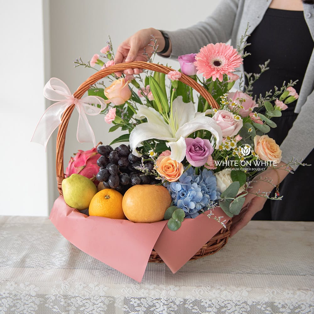 Fruitlicious Basket for Retirement & Get Well Soon Occasion, Flowers and Fruit Basket Delivery, fruit and flower basket, floral fruit basket, send flowers to hospital, get well soon gifts