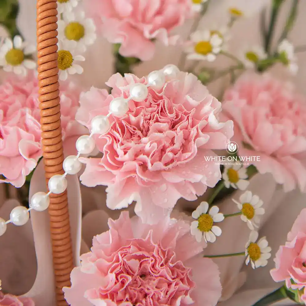 mother's day gift malaysia, gift for mom, only you floral basket, pink carnation with chamomile