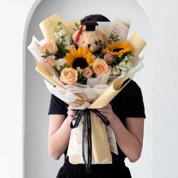 Golden Horizon Bouquet, graduation bouquet with bear, sunflower bouquet with graduation bear
