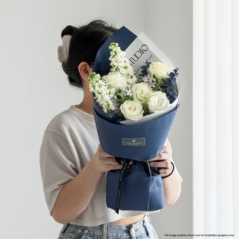 V04 Steady Love Bouquet Steady Love White Rose Valentine Bouquet with Blue Oxypetalum