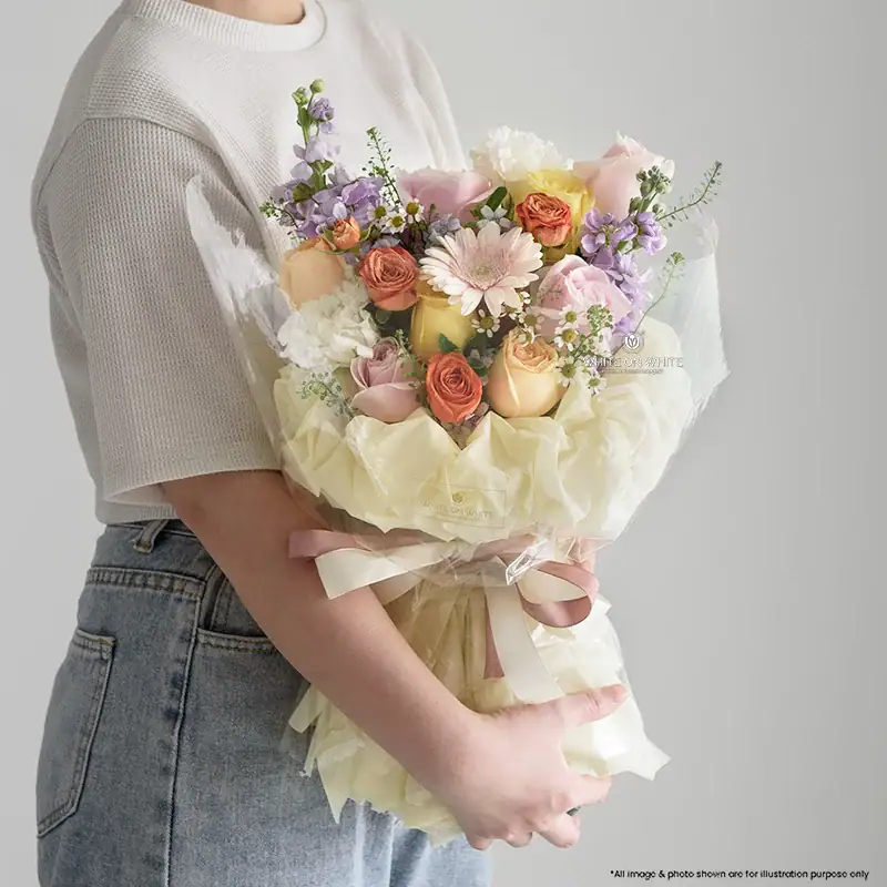 V09 Garden of Love Garden of Love Colorful Mixed Rose Valentine Bouquet with Gerbera and Matthiola