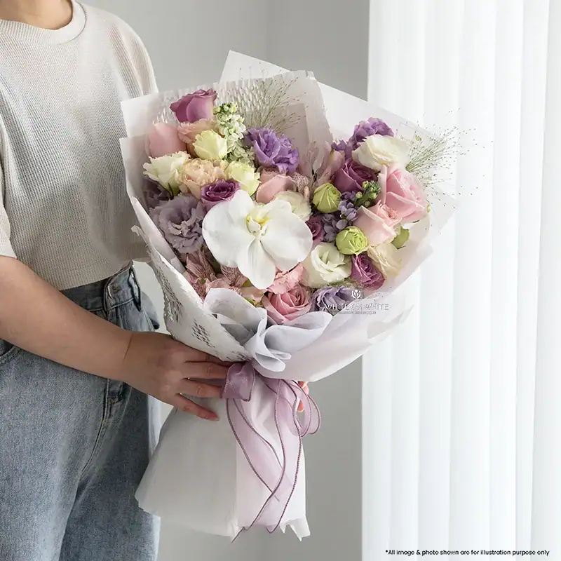 Moonlit Romance Purple and Pink Valentine Bouquet with Phalaenopsis Orchid