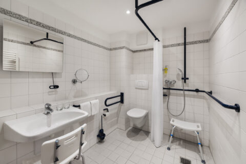 Behindertengerechtes Bad: Schwellenlose, befahrbare Dusche mit Handlauf und Duschhocker, unterfahrbares Waschbecken mit Waschhocker und verstellbarem Wand- und Kosmetikspiegel. WC mit seitlichem Stützgriff