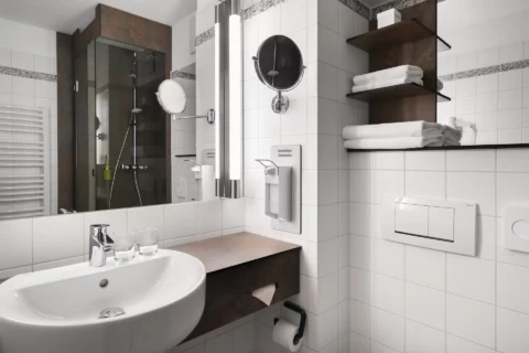 Badezimmer mit Dusche, Waschtisch mit Aufsatzwaschbecken, Wandspiegel, Kosmetikspiegel, Handtuchregal, WC, Föhn, Wandheizung