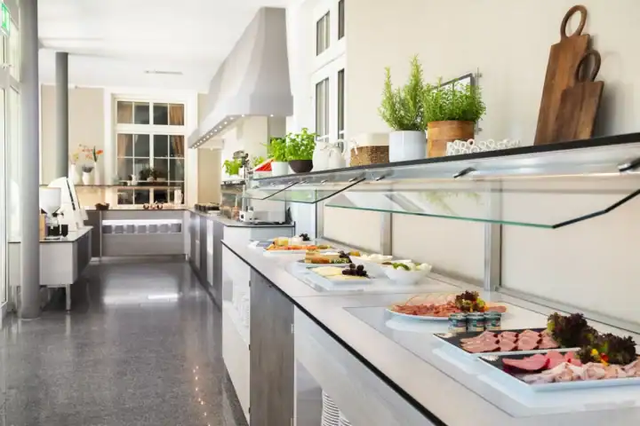 Moderne Frühstücksbuffet-Gesamtansicht: Aufschnitt- und Käsestationen, Nussmus-Maschine, helle Atmosphäre