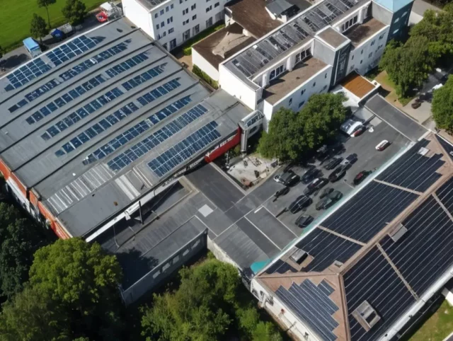 Luftaufnahme Designhotel Wienecke XI mit Photovoltaik-Dächern, umgeben von Baumbestand